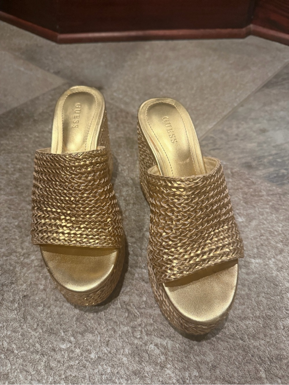 GUESS Metallic Gold Woven Platform Mules